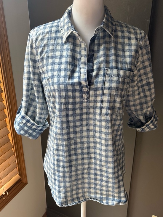 Skies Are Blue Tops - Blue & White Gingham Cotton Pullover Shirt | Back Button Detail | Casual XL